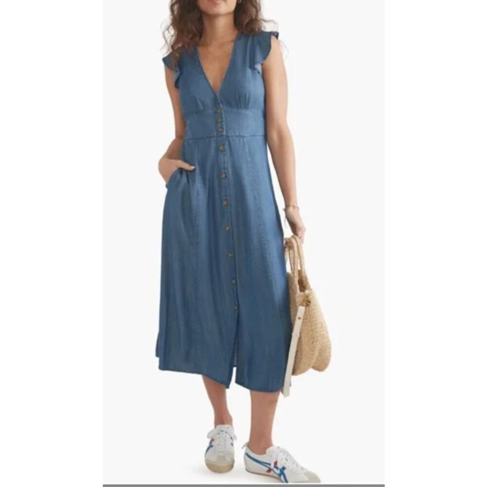 NWT Marine Layer Camila Midi Dress Button-Front with Ruffle Sleeves Size XL Blue